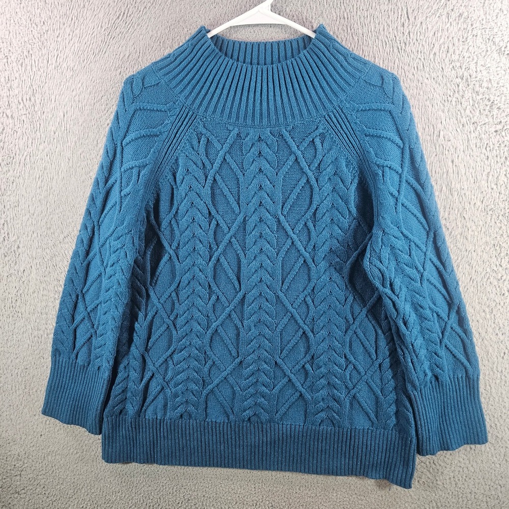 Talbots Plus Womens 1X Teal Blue Cable Knit Mock Neck Pullover Sweater